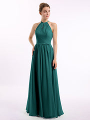 Lange Halfter Chiffon-Kleider mit offenem Rücken Pfau