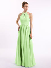 Lange Halfter Chiffon-Kleider mit offenem Rücken Salbei