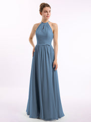 Lange Halfter Chiffon-Kleider mit offenem Rücken Schieferblau