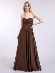 Trägerloser Ausschnitt Chiffon mit Applique Kleid Schokolade