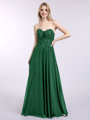 Trägerloser Ausschnitt Chiffon mit Applique Kleid Dunkelgrün