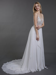 V-Ausschnitt Chiffon Brautkleid mit Perlen Champagner