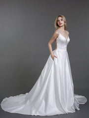 Spaghettiträger Einfach Satin Brautkleid Weiß