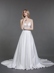 Spaghettiträger Einfach Satin Brautkleid Champagner