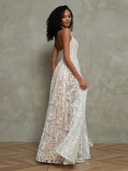 Nude Futter Elfenbein Spitze Halshalter Bodenlang Kleider Elfenbein