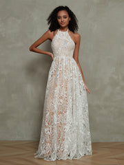 Nude Futter Elfenbein Spitze Halshalter Bodenlang Kleider As Pictures