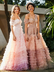 Eine Schulter Fließend Rüschenrock Tüll Ballkleid Staubige Rosa Übergröße