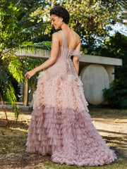 Eine Schulter Fließend Rüschenrock Tüll Ballkleid Staubige Rosa