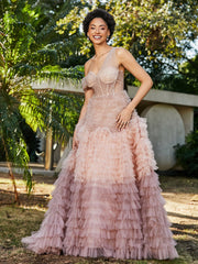 Eine Schulter Fließend Rüschenrock Tüll Ballkleid Staubige Rosa