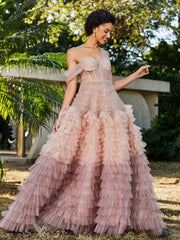 Eine Schulter Fließend Rüschenrock Tüll Ballkleid Staubige Rosa