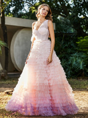 Eine Schulter Fließend Rüschenrock Tüll Ballkleid Rosa Übergröße