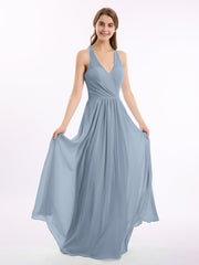 V-Ausschnitt  Chiffon Kleid mit Bowknot Staubiges Blau
