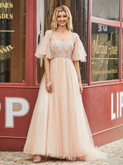 V-Ausschnitt Flatterärmel Strass Dekor Sweep Zugkleid Pfirsich