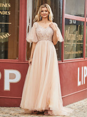 V-Ausschnitt Flatterärmel Strass Dekor Sweep Zugkleid Pfirsich