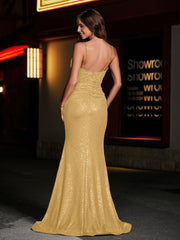 Eingebaut Meerjungfrau Sweep-Zug Pailletten Kleid Gold