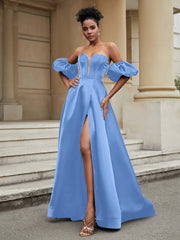 Klassisch A-Linie Satin Herzform Ballkleid Blau Übergröße