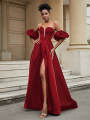 Klassisch A-Linie Satin Herzform Ballkleid Burgunderrot Übergröße
