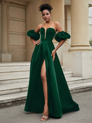Klassisch A-Linie Satin Herzform Ballkleid Dunkelgrün
