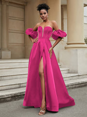 Klassisch A-Linie Satin Herzform Ballkleid Fuchsia
