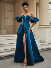 Klassisch A-Linie Satin Herzform Ballkleid Meerblau