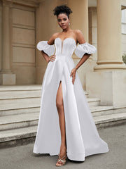 Klassisch A-Linie Satin Herzform Ballkleid Weiß