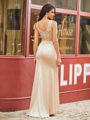 Boho Spitze Mieder Quadratisch Neck Stretch Satin Sheath Kleid Champagner