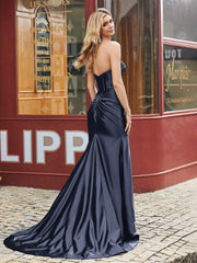 Herzform Meerjungfrau Plissee Ballkleid mit Schlitz Dunkelmarine