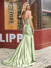 Herzform Meerjungfrau Plissee Ballkleid mit Schlitz Staubiges Salbei