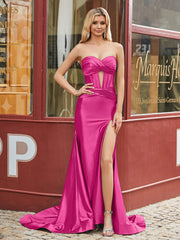 Herzform Meerjungfrau Plissee Ballkleid mit Schlitz Fuchsia
