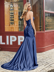 Herzform Meerjungfrau Plissee Ballkleid mit Schlitz Marineblau