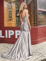 Herzform Meerjungfrau Plissee Ballkleid mit Schlitz Silber