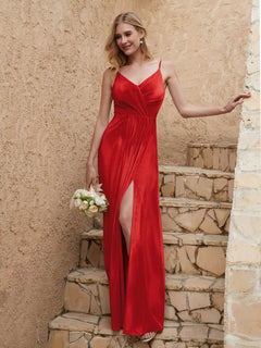V-Ausschnitt Samt Kleid mit Schlitz Rot