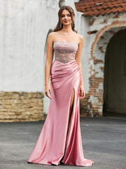 Diamantkorsett Satin Maxi Kleid Taupe