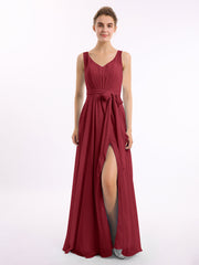 V-Ausschnitt Chiffon Bowknot Kleid mit Schlitz Burgunderrot