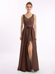 V-Ausschnitt Chiffon Bowknot Kleid mit Schlitz Schokolade