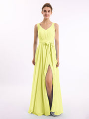 V-Ausschnitt Chiffon Bowknot Kleid mit Schlitz Narzisse