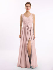 V-Ausschnitt Chiffon Bowknot Kleid mit Schlitz Staubige Rosa