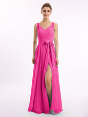 V-Ausschnitt Chiffon Bowknot Kleid mit Schlitz Fuchsia