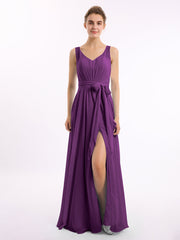 V-Ausschnitt Chiffon Bowknot Kleid mit Schlitz Traube