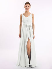 V-Ausschnitt Chiffon Bowknot Kleid mit Schlitz Elfenbein