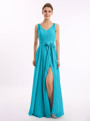V-Ausschnitt Chiffon Bowknot Kleid mit Schlitz Jade