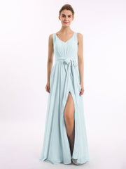 V-Ausschnitt Chiffon Bowknot Kleid mit Schlitz Nebel
