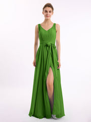 V-Ausschnitt Chiffon Bowknot Kleid mit Schlitz Moos