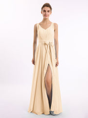 V-Ausschnitt Chiffon Bowknot Kleid mit Schlitz Pfirsich