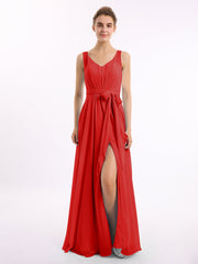 V-Ausschnitt Chiffon Bowknot Kleid mit Schlitz Rot