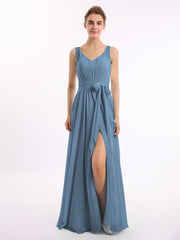 V-Ausschnitt Chiffon Bowknot Kleid mit Schlitz Schieferblau