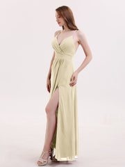 Sexy Tief V-Ausschnitt Kleid mit Schlitz Champagner