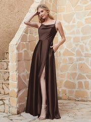 A-Linie Rundhals Ausschnitt Satin Kleid mit Schlitz Schokolade