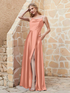 A-Linie Rundhals Ausschnitt Satin Kleid mit Schlitz Papaya