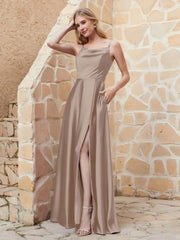 A-Linie Rundhals Ausschnitt Satin Kleid mit Schlitz Taupe